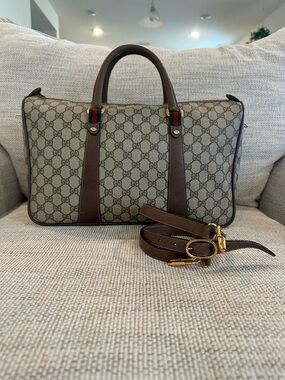 Gucci Beige GG Supreme Canvas Duffel with Brown Leather Trim